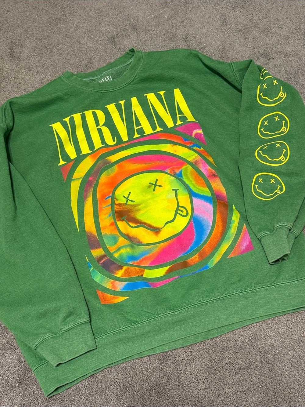 NIRVANA Green Crewneck with Multicolor Tie-Dye Smiley